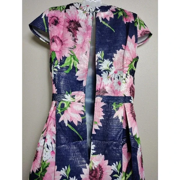 ModCloth Navy Pink Floral Fit Flare Dress Cap Sleeve Garden Party Brunch Dress - Picture 6 of 9